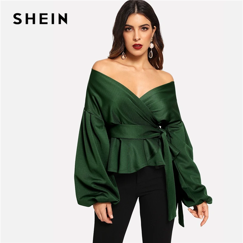 SHEIN зеленая элегантная Офисная Женская однотонная блузка с открытыми плечами и рукавами-фонариками с баской, осенняя рабочая одежда, Женские топы и блузки
