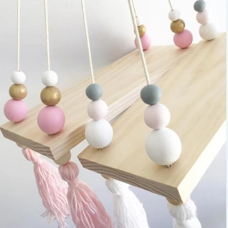 

Nordic Style Wooden Storage Display Shelf Log Pine Wood Beads Shelves For Kids Room Decorative Hanging Stand Home Decorations