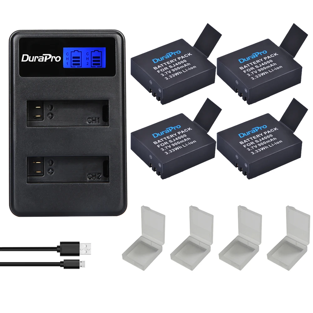 

4pcs 900mAH SJ4000 PG1050 Camera Battery +LED USB Charger for SJCAM sj4000 sj5000x SooCoo c30 C50 EKEN H9 H3 V8 SJ M10 Cameras
