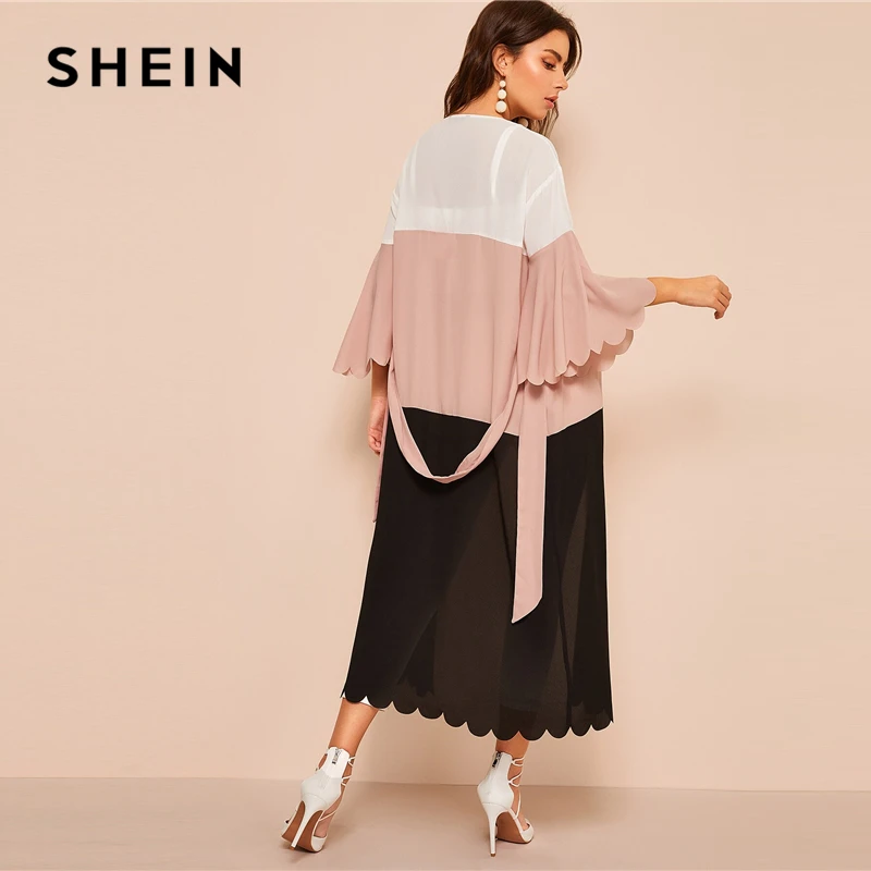 SHEIN Контрастное Платье С Фигурной Отделкой Женское Розовое Модное Платье С Поясом И Фестонами