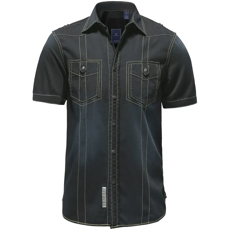 Summer Mens Slim 100% Cotton Black Denim Short Sleeve Shirt , Casual Male Man Jeans Shirts , Men Bleached Single Breasted Blouse