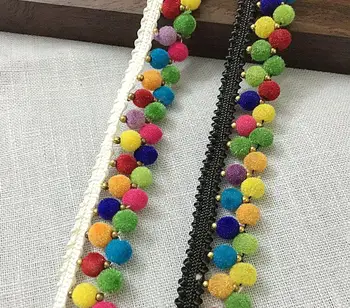 

3Yard White/Black Colorful Pompoms Beaded Lace Fabric Trim Ribbon For Apparel Sewing DIY Collar Doll Cap Hair clip