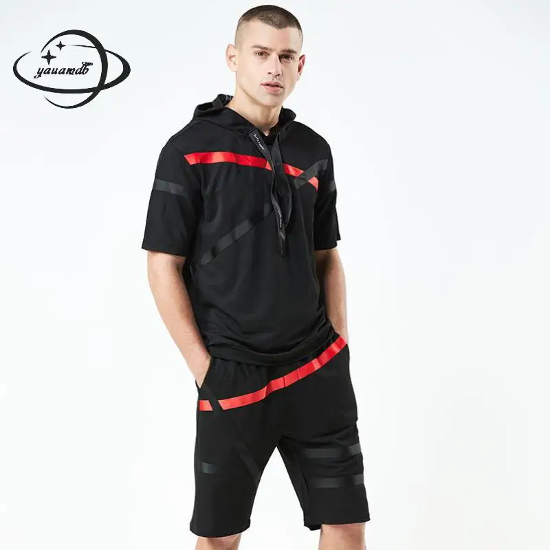 YAUAMDB men clothing sets 2018 summer M-3XL sweatshirt+shorts 2 pieces suits polyester short sleeve patchwork color hoodies 149 | Мужская