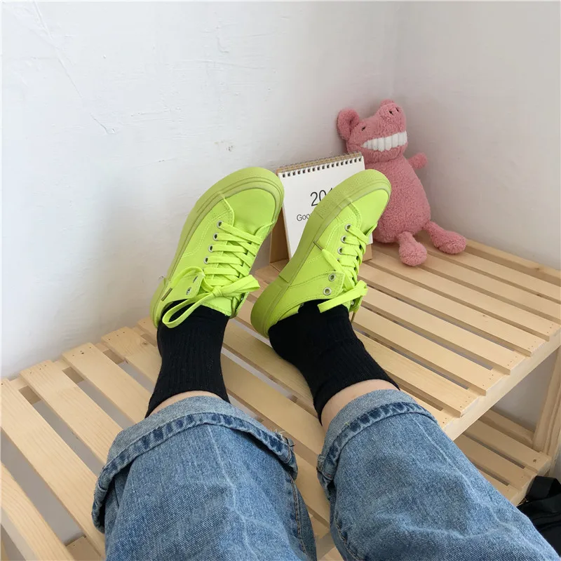 women canvas shoes fluorescent green girls pink sneakers cloth shoe spring autumn solid color lace up low up white trainer 35-40