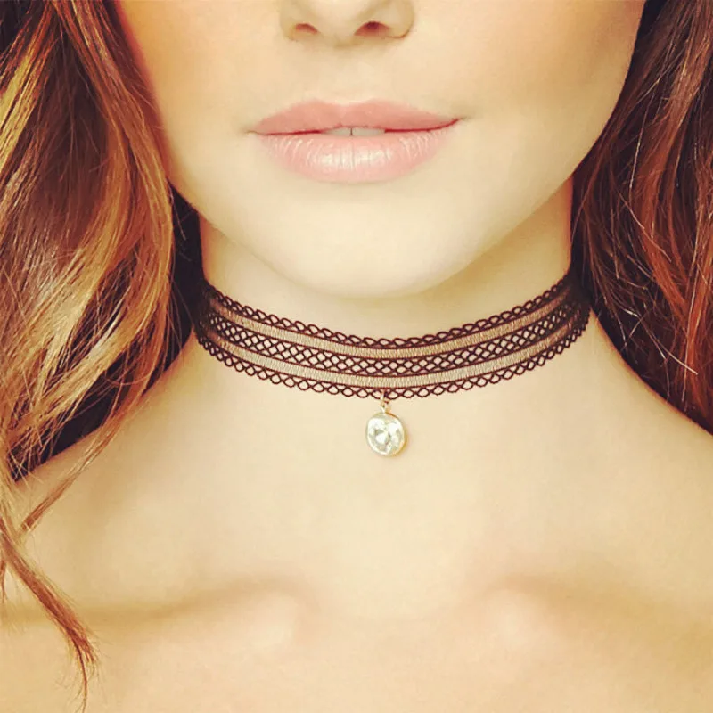 Women crystal lace choker necklace round glass rhinestones drop charm black lace chocker gold