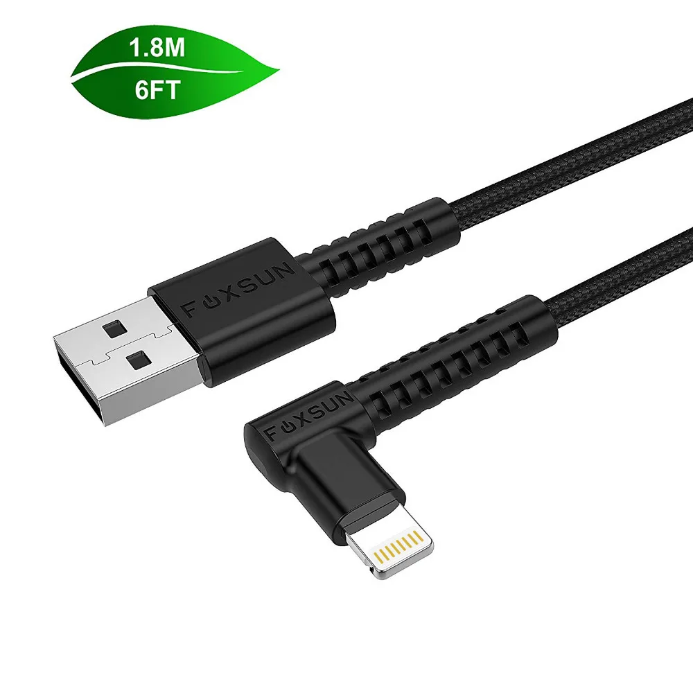 90 Degree for Lightning to USB Cable Nylon Braided, Foxsun 6FT right angle lightning cable for
