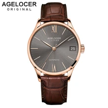 AGELOCER Swiss Luxury Casual Watches for Men Rose Gold Brown Dial Genuine Leather Strap Mechanical Automatic Watches 7073D2