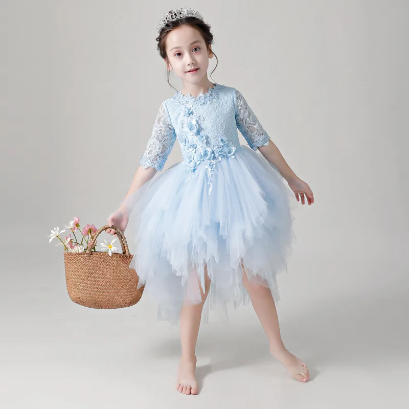 

2019 Summer Autumn New Children Girls Appliques Flowers Princess Lace Prom Dress Baby Kids Front Short Back Long Tail Host Dress