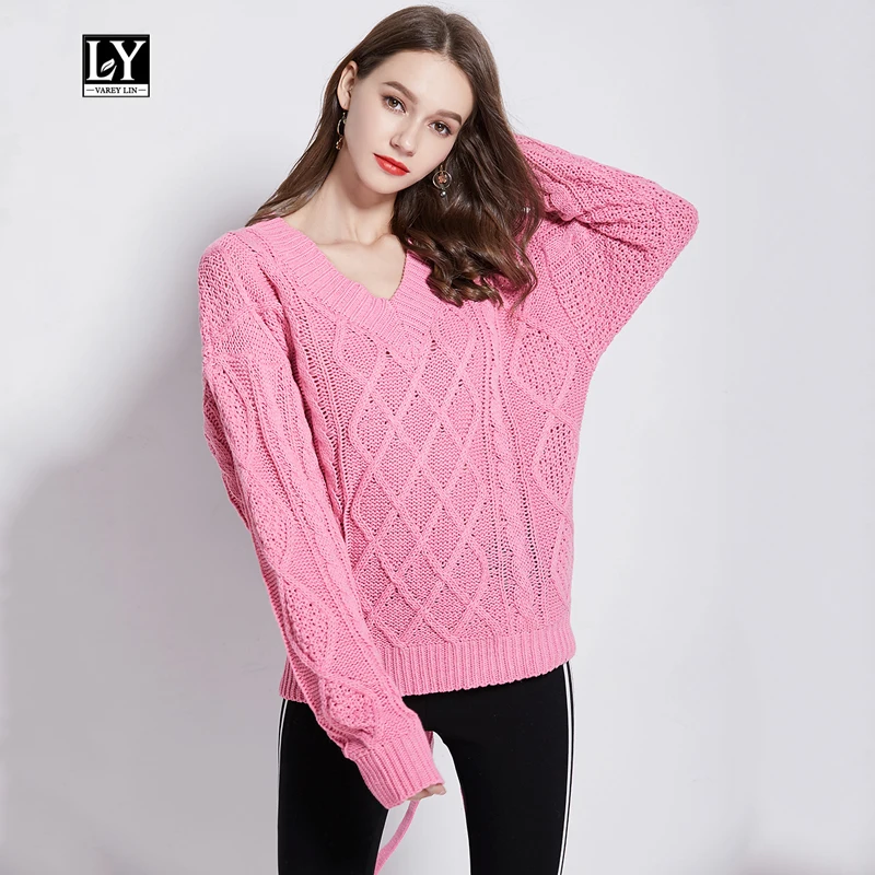 

Ly Varey Lin Spring Autumn Knitted Sweater Women V Neck Long Sleeve Sexy Backless Tie Up Knitted Pullover Female Loose Sweater