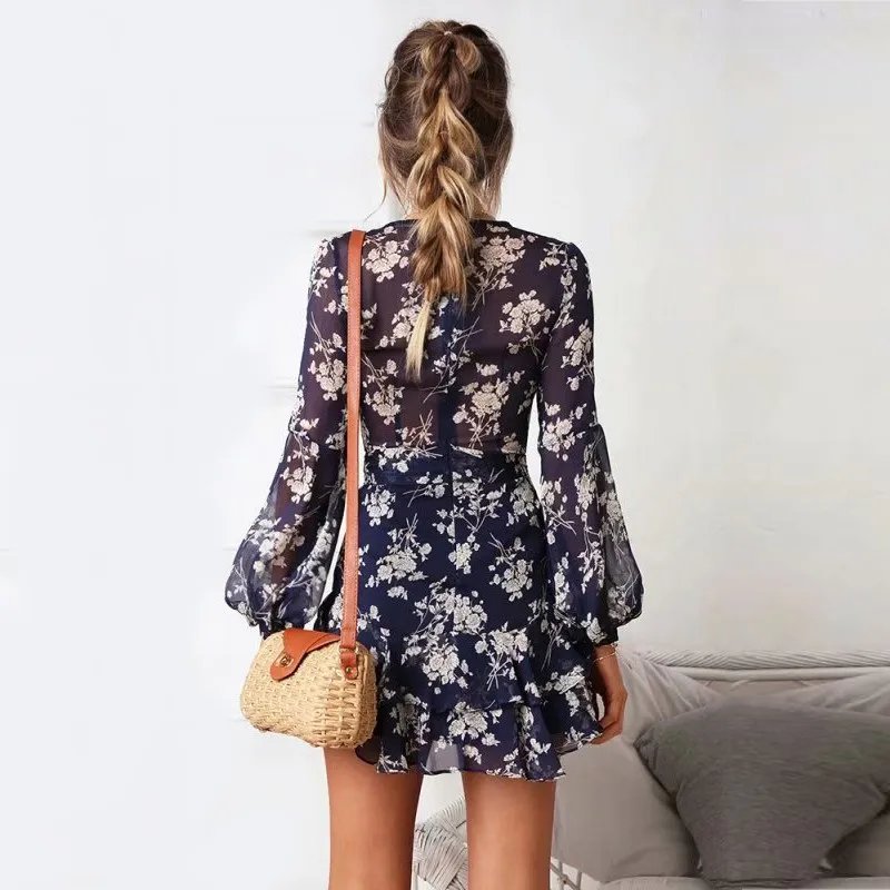 yinlinhe Blue V neck Floral Autumn Dress Long Sleeve Belt Slim Waist Women Chiffon Dress Mini Bow Knot Ruffles Vestido 7