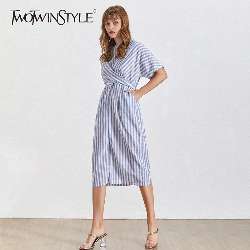 

TWOTWINSTYLE Summer Striped Women Dress O Neck Short Sleeve Lace Up Split Midi Dresses Female Fashion Clothes 2019 Casual