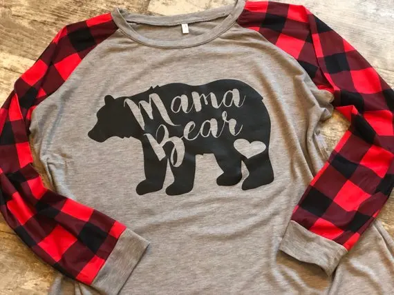 

MAMA BEAR Plaid Print T Shirt Autumn Long Sleeve Crewneck Female Women Top Tumblr Fashion Cute Tshirt Plus Size Tee Drop Ship