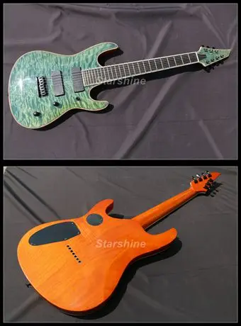 

Starshine 7 Strings Electric Guitar YL-7EG Quilted Maple Celluloid Binding Strings Thru Body Green