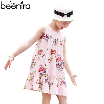 

2017 Summer Girls Dress Children Cotton Princess Print Beach Style Pink Color Costume Baby Knee Length Ball Gown Clothing