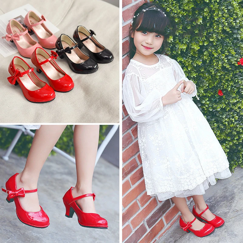 Кожаные туфли на высоком каблуке для девочек; цвет красный, розовый, черный; детская обувь для свадебной вечеринки; танцевальные модельные туфли; туфли-лодочки принцессы для сцены