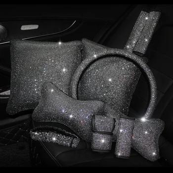 

Bling Rhinestones Crystal Car Interior Accessories Diamond Steering Wheel Cover Neck pillows Waist Support Handbrake Shift Set