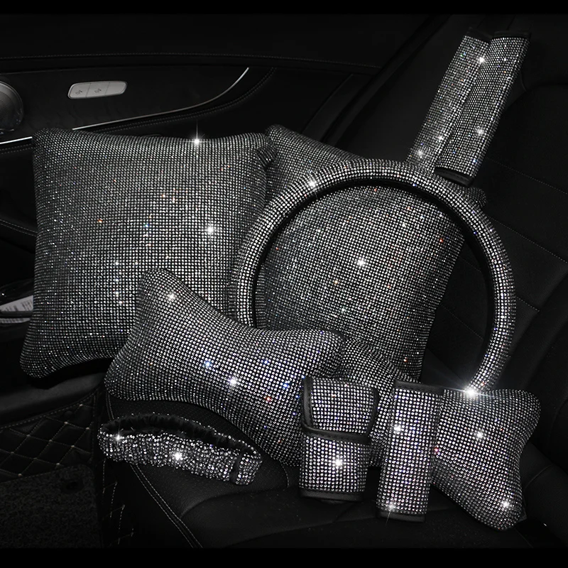 

Fashion Rhinestones Crystal Car Interior Accessories Diamond Steering Wheel Cover Neck pillows Waist Support Handbrake Shift Set