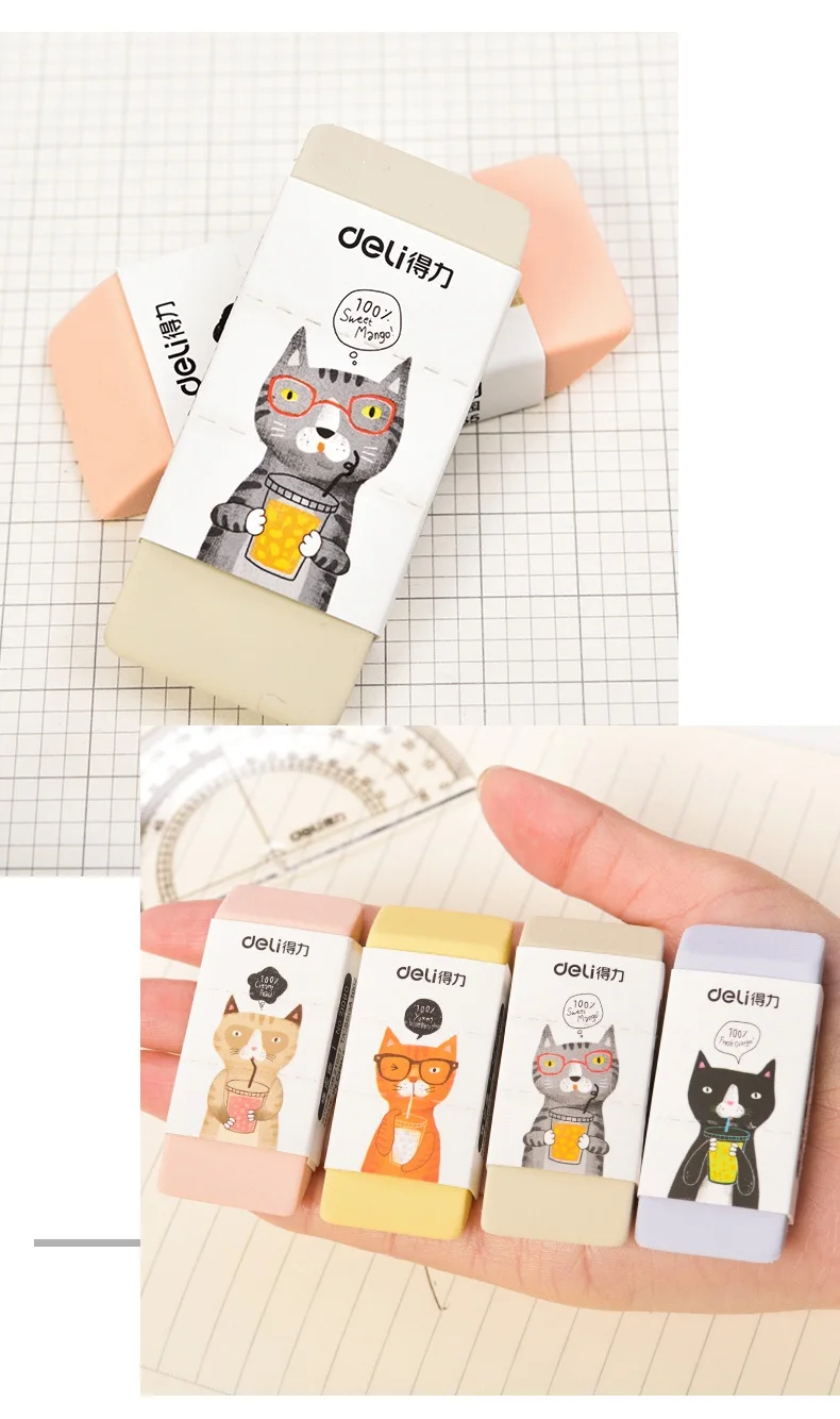 2Pcs Cartoon Cat 4B Rubber Eraser For Kids 25X60X10mm Pencil Eraser 4 Colors School Supplies Office Supplies Deli 71080