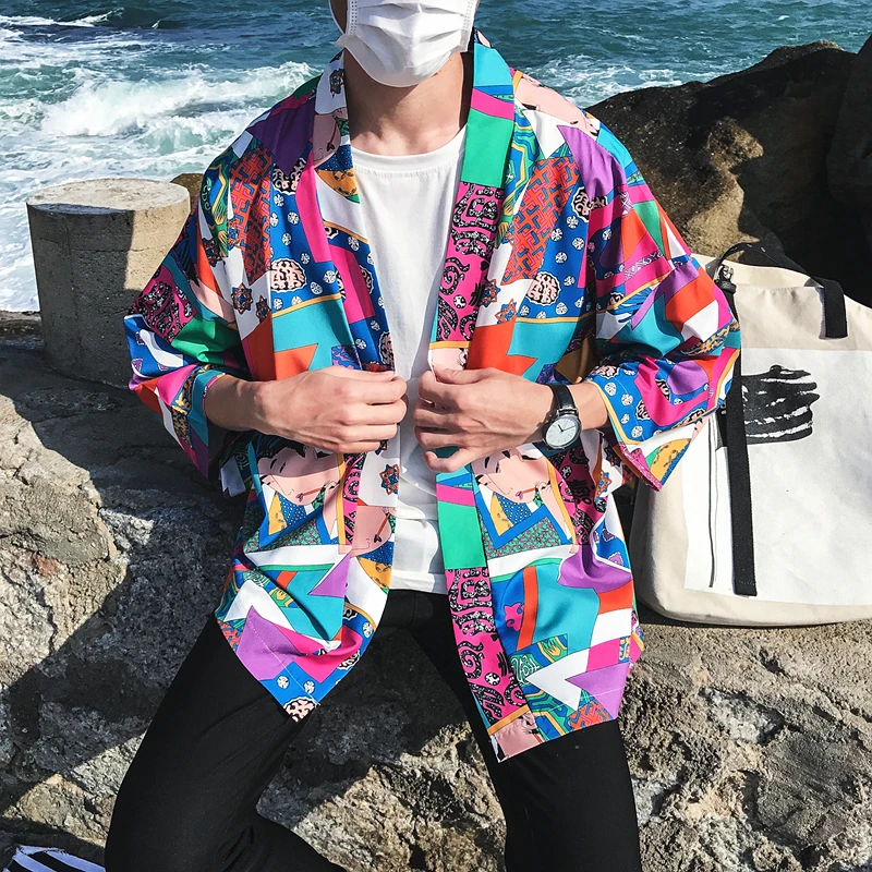 Летние для мужчин S комиксов японский стиль кимоно куртка солнцезащитный крем тонкий кардиган повседневное 3/4 рукав халат верхн