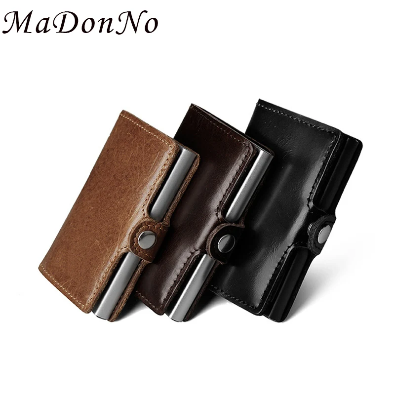 

Rfid Crazy Horse Genuine Leather id Credit Card Holder Men Slim Minimalist Wallet Mini Creditcard Aluminum Metal Card Bag Case