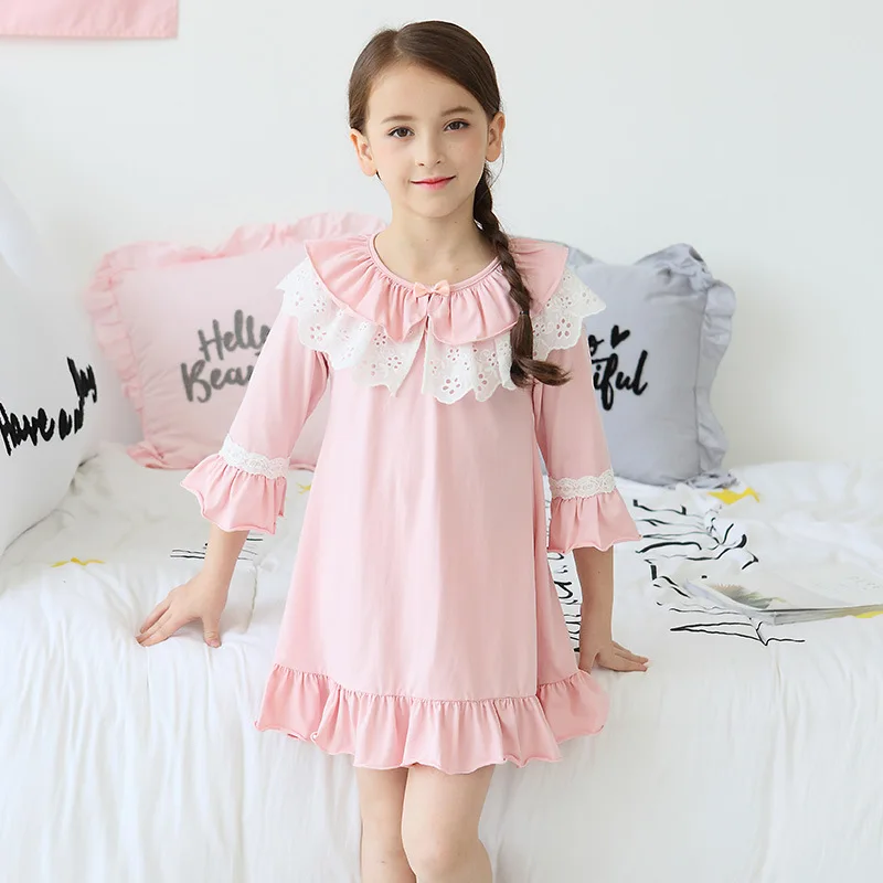 

Fashion Baby Girls Nightdress Girls Thin 100% Cotton Lace Nightgowns Children Home Clothes Princess Costume 2y-14y