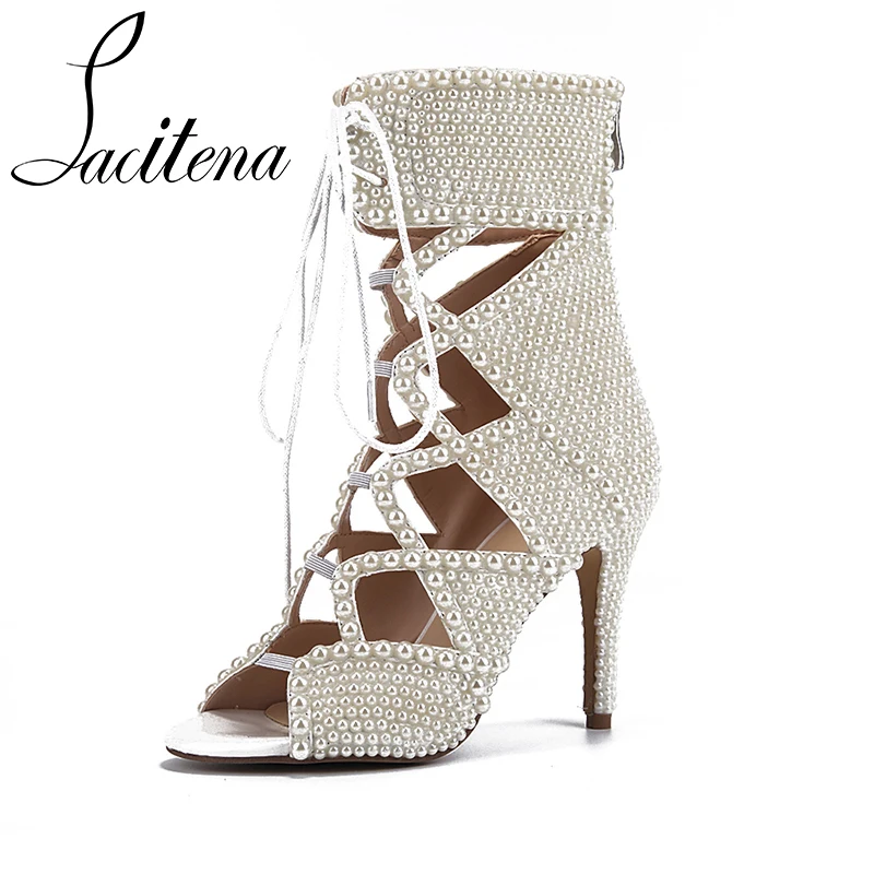 

White Pearl Hollow Boots Women Wedding Party Shoes Pearl Rome Sandals Shoes