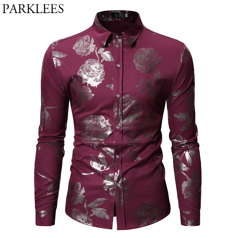Mens Hipster Gold Rose Print Shirt Slim Fit Long Sleeve Wine Red