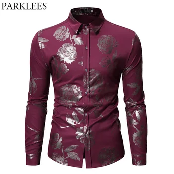 

Mens Hipster Gold Rose Print Shirt Slim Fit Long Sleeve Wine Red Wedding Dress Shirts Floral Party Prom Camisa Social Masuculina