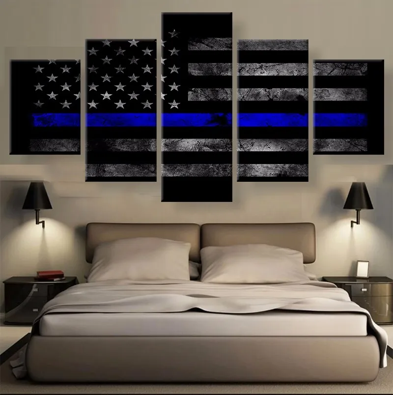 5 Panels Thin Blue Line Flag Usa Canvas Painting Frame Wall Art Prints