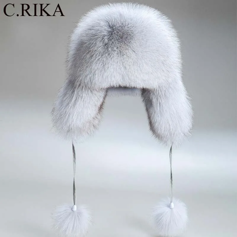 

Russia Hot Winter Fashion Item Faux Fox Fur Leather ski Hat With Winter Oars Women's Thick And Warm Winter Bomber hat