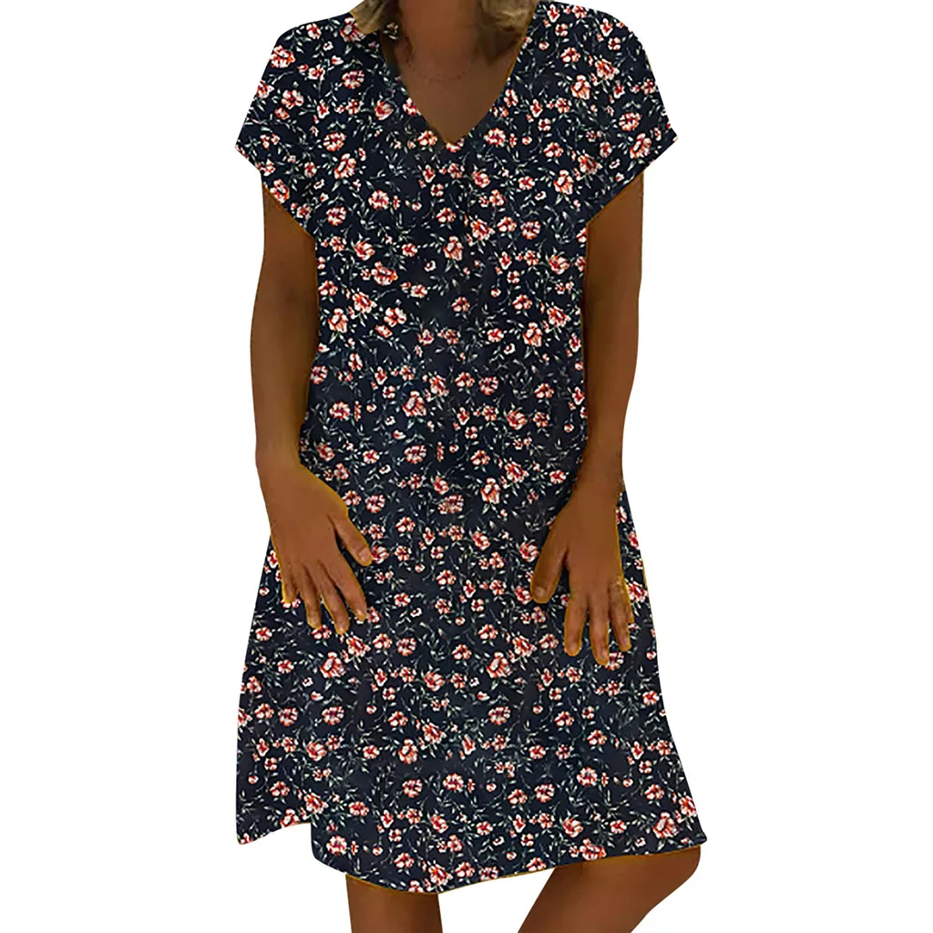 

2019 Summer Sexy Women Vintage Flower Printed V-Neck Short Sleeve Plus Size Dress Party vestidos robe femme vestidos de verano