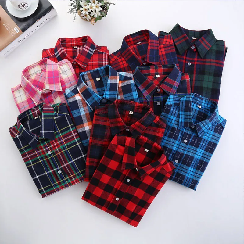 

Women Blouse And Shirt 2019 Spring Cotton Flannel Plaid Shirt Long Sleeve Office Lady Tops Red Black Cotton Blusas Plus Size 5XL