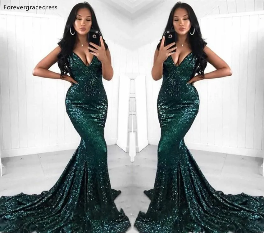 Dark Green Reflective Prom Dresses 2019 Sexy Mermaid V Neck Long Vestidos Evening Gowns Formal BC1140  119 (6)