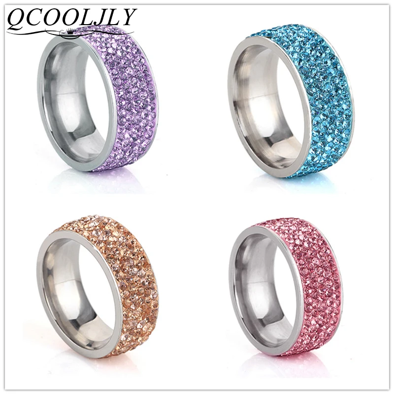 QCOOLJLY 5 рядов Кристальные кольца из нержавеющей стали для женщин элегантного