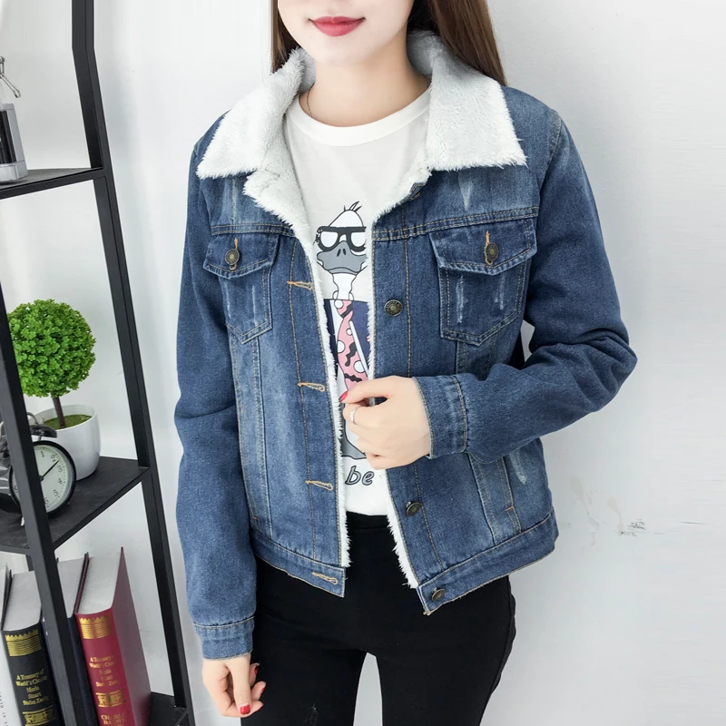 

Korean tide lapel Autumn winter wear plus velvet denim jacket coat loose wild coat bomber jacket woman veste femme chaquetas