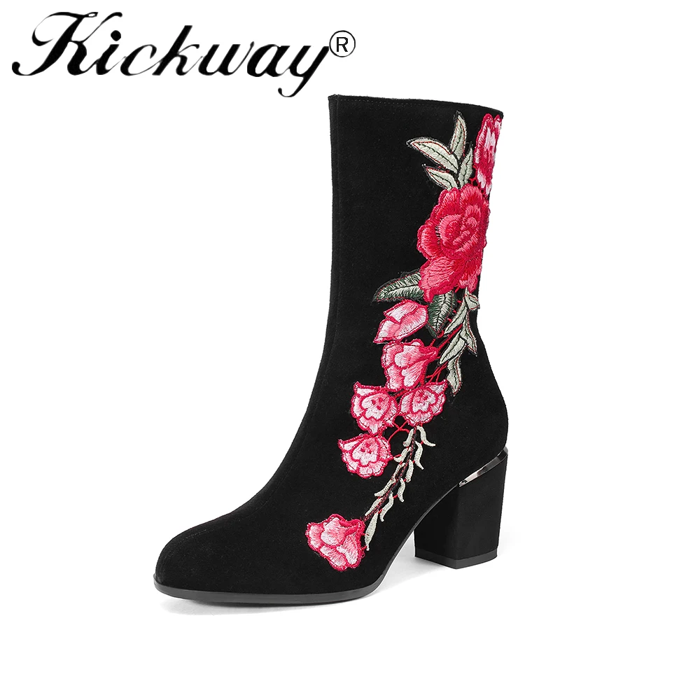 Mi Short Automne Troupeau Pigskin Sur Hiver Kickway Glissent Inside Loisirs Épais Plush Fleurs Broderie Med Femmes Bout Rond Dames Talon mollet black Bottes Black AR534jqL