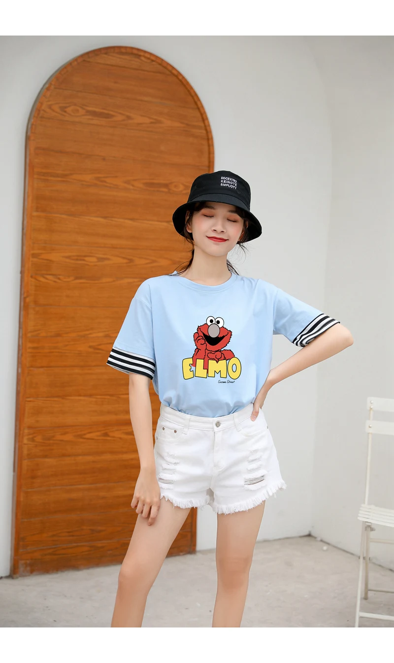 New Cotton Harajuku Kawaii T Shirt Lovely Funny Sesame Street Elmo Cartoon Print Strpied Spliced Tops Tee Shirt Femme Streetwear (13)