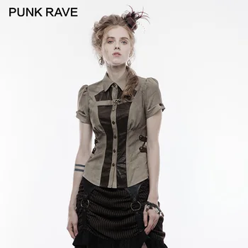 

PUNK RAVE Gothic Short Sleeve Women Shirt Steampunk Retro Skeleton Buttons Elastic Waist Blouse Fashion Lantern Cuff Tops Blouse