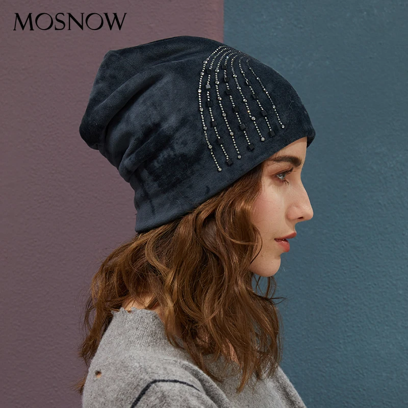 Skup Zimowe damskie czapki aksamitne z kapeluszem Rhinestone rozciągliwe czapki z dzianiny damskie jesień 2019 nowe ciepłe Skullies Cap Casual Beanie Hot