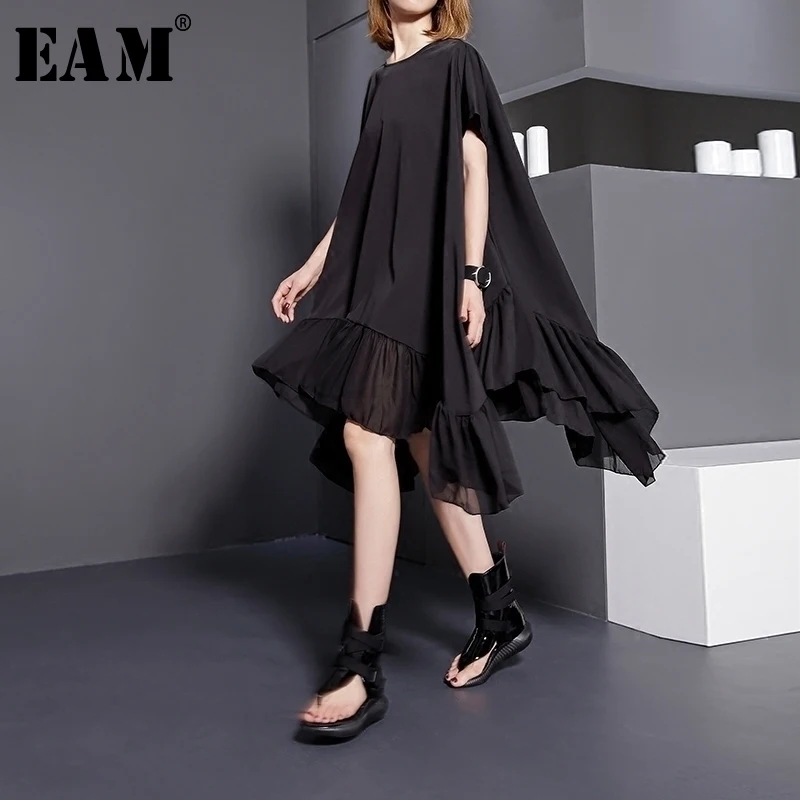 [EAM] new summer autumn round neck short sleeve solid color black split joint loose big size dress women fashion tide 446