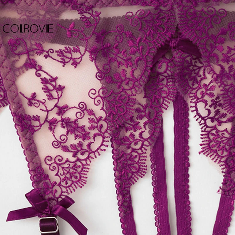 COLROVIE Purple Lace Bra And Open Crotch Thong And Garter Set Women 2019 Spring Fashion Floral Sexy Underwear Lingerie Sets