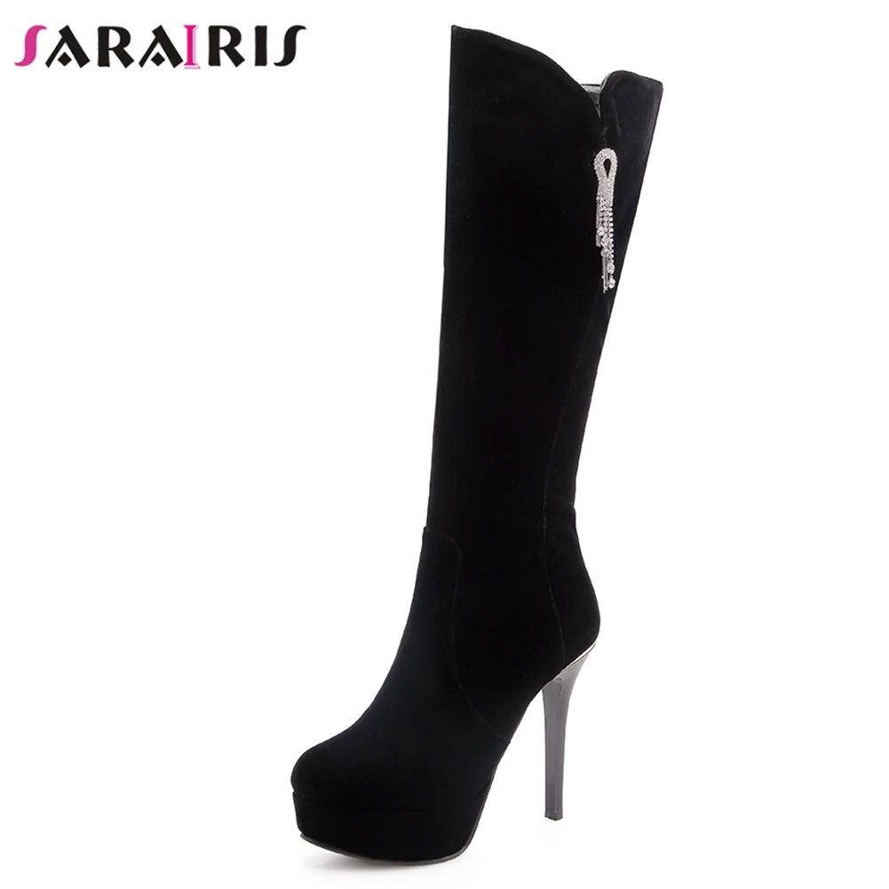 

SARAIRIS New Zip Thin High Heels 12cm Crystal Platform Shoes Woman Casual Black women's Winter Mid Calf Boots Large Size 32-42