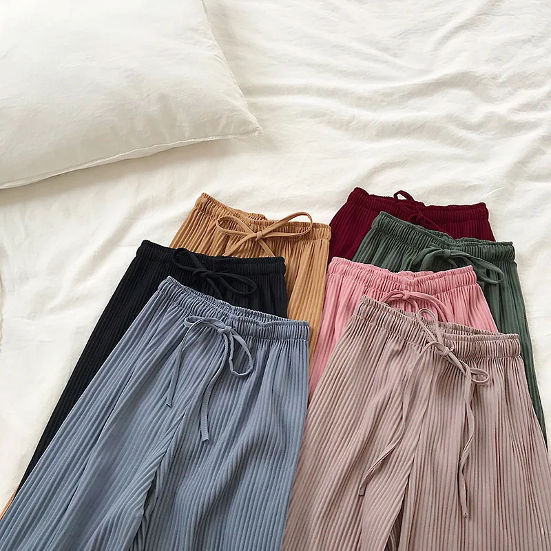 

High waist hanging wide long pants female 2019 spring summer new solid color elastic waist tie casual women pants girl