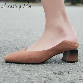 

Krazing Pot genuine leather classic square toe block vintage med heels slip on comfortable simple office lady dance shoes L77
