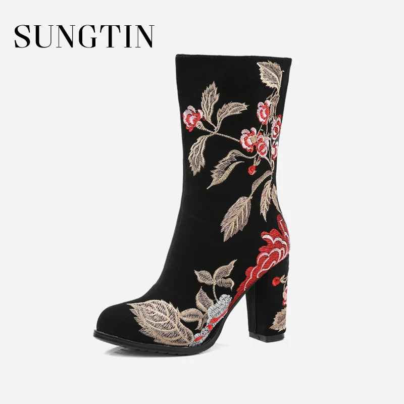 

Sungtin New Genuine Leather Women Plush Warm Winter Boots Plus Size Mid Boots Vintage High Heel Short Boots Ladies Riding Boots