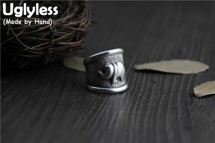 

Uglyless Real S999 Fine Silver Women Ethnic Handmade Jewelry Personalized Design Wide Rings Thai Totem Elephant Open Ring Bijoux