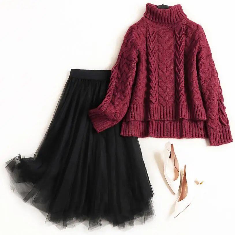 

Fall Winter Women's Casual Knit Top and Mesh Skirt 2 Pieces Suit Women's Set High End Clothing