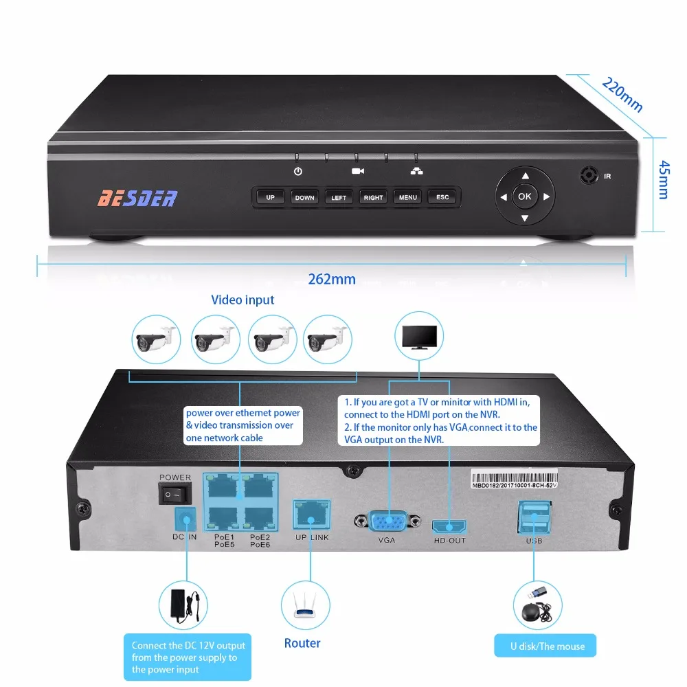 BESDER аудио 4CH CCTV POE Системы 1080 P 2MP камера NVR наблюдения POE Комплект с HIDM VGA Выход Обнаружение движения P2P