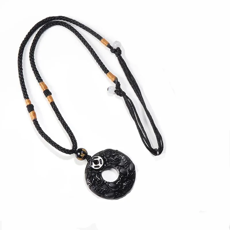 Натуральный черный обсидиан оникс кулон ожерелье Счастливые амулеты для мужчин и женщин с веревкой цепи
