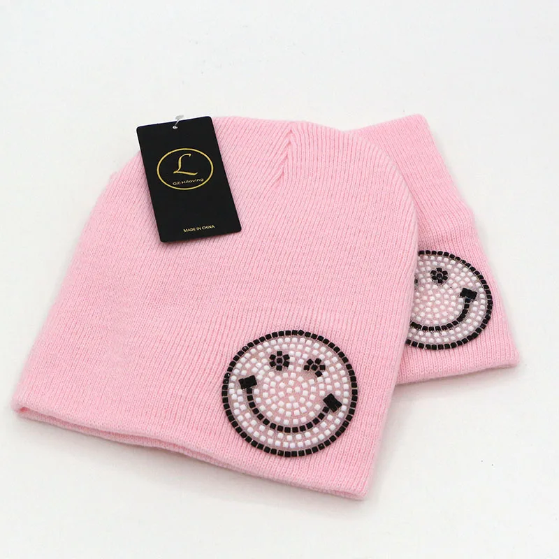 Fashion 2pcs Kids Hat Scarf set Kawaii Beanie Cotton Children Winter Hats little Boys Girls Kids Smile Hats Scarf Sets